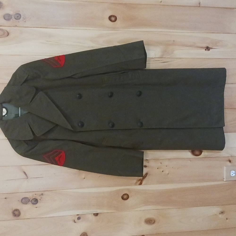Men's Vintage Wool Green Military Coat U.S Marines Full Length Overcoat